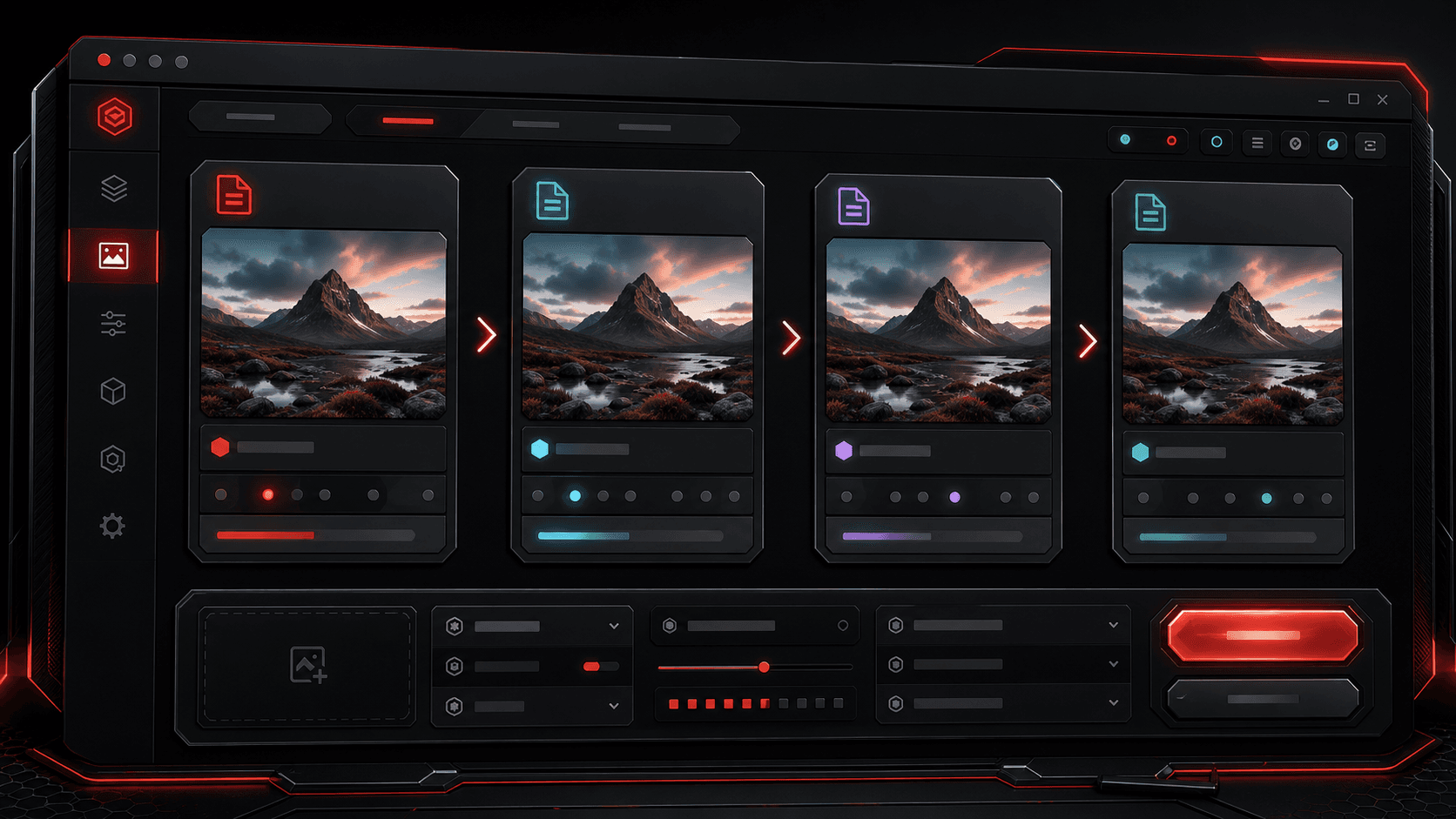 TheFramex image format conversion workspace showing multiple image output cards and conversion arrows.